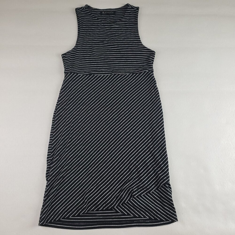 Athleta La Palma Sleeveless Dress Womens XXS Black Striped Jersey Mini Faux Wrap